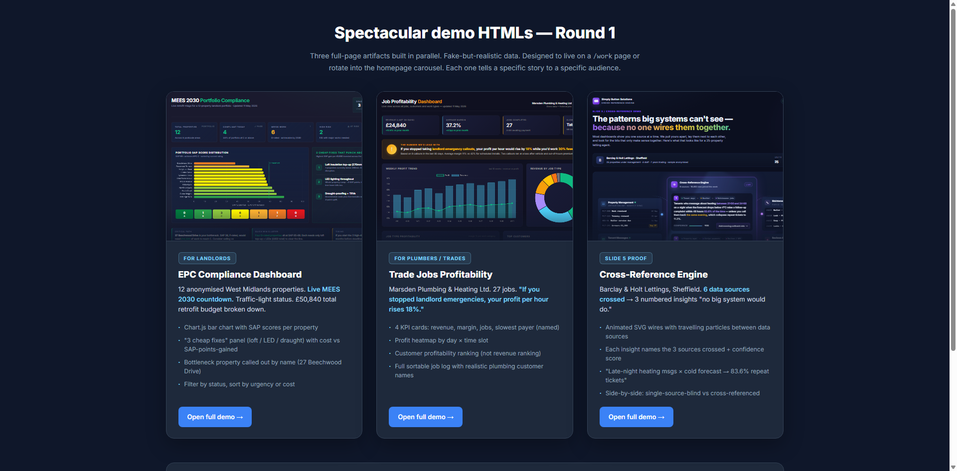 Three dashboard demos: EPC compliance, trade profitability, cross-reference engine